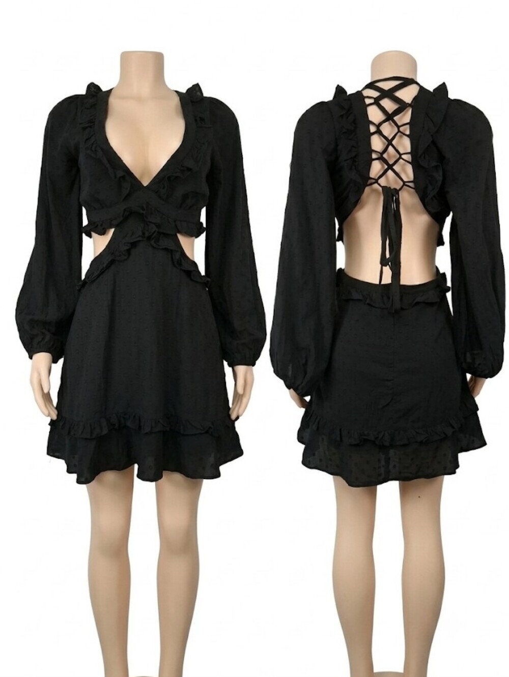 Altar'd State Black Ruffle Cutout Long Sleeve Mini Dress Size L